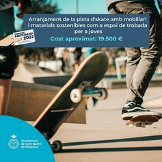 Arranjament de la pista de skate amb mobiliari i materials sostenibles com a espai de trobada per a joves.